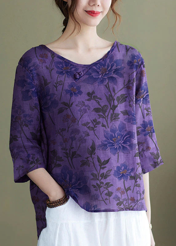 Diy Pink Crane Embroidered Side Open Half Sleeve Top