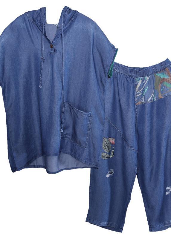 Denim Blue Cotton Two Pieces Hooded Short Sleeve Tops and Patchwork Pants