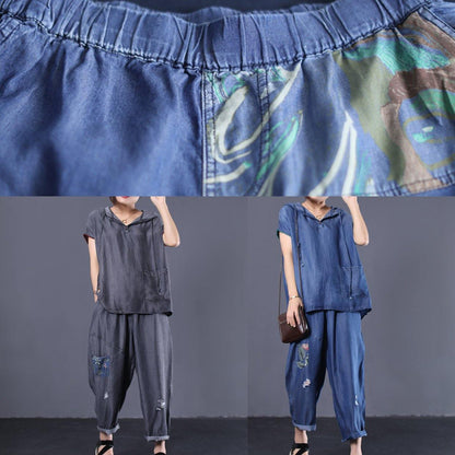 Denim Blue Cotton Two Pieces Hooded Short Sleeve Tops and Patchwork Pants
