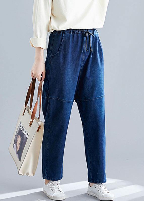 Denim Blue Pants Elastic Waist Patchwork Trousers