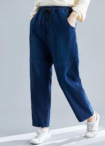 Denim Blue Pants Elastic Waist Patchwork Trousers