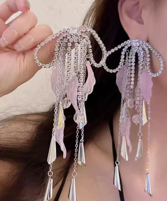 Silk Copper Zircon Acrylic Bow Tassel Drop Earrings