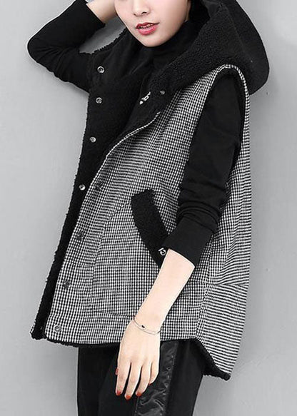 Diy Black Hooded Plaid Patchwork Faux Fur Winter Vest