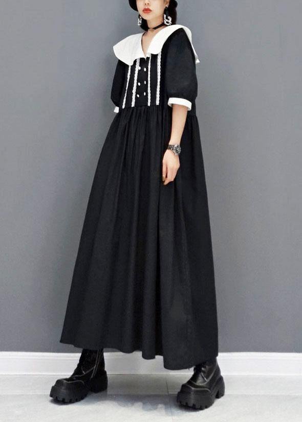 Diy Black Peter Pan Collarbuttonpatchwork Half Sleeve Robe Dresses Fall