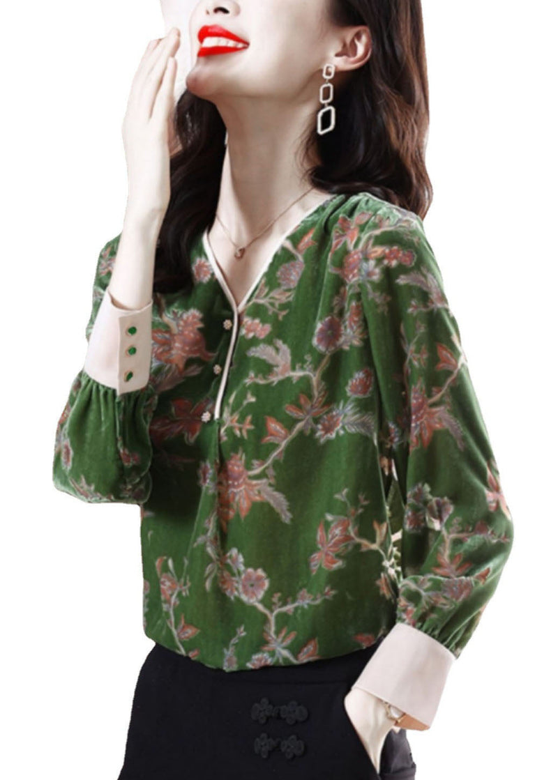 Diy Green V Neck Print Velour Blouse Tops Spring