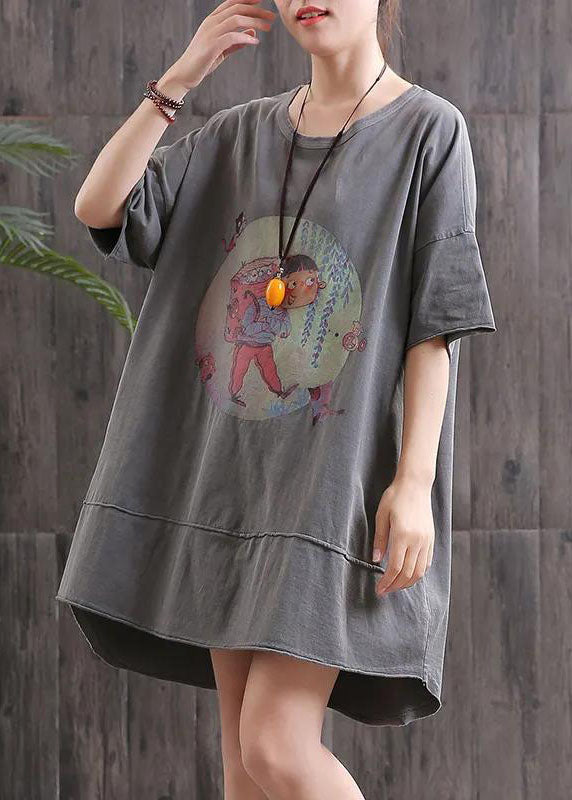 Diy Grey O-neck Print Asymmetrical Design Fall Dress Half Sleeve