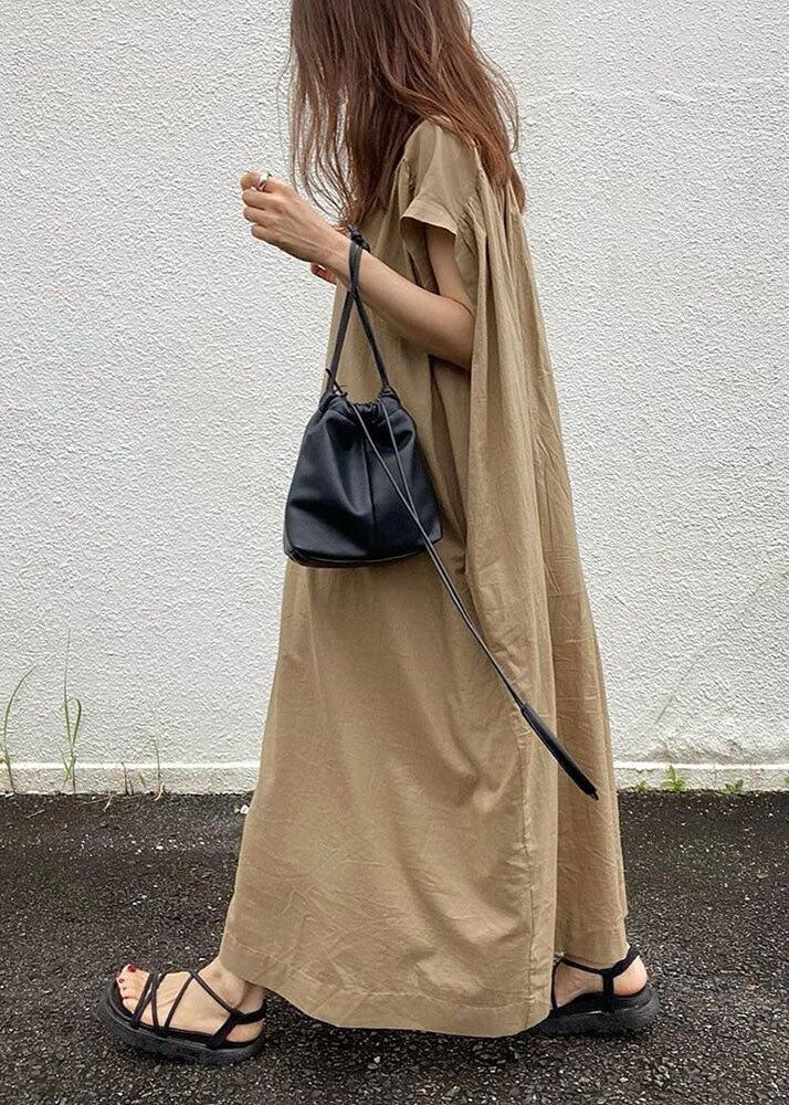 Diy Khaki Button Cotton Shirts Dresses Short Sleeve