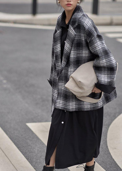 Diy Notched Double Breast Wool Coat Black Plaid Short Jackets