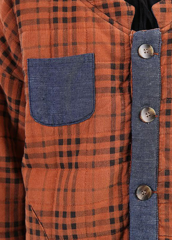 Diy Orange Plaid Patchwork Corduroy Winter Coat
