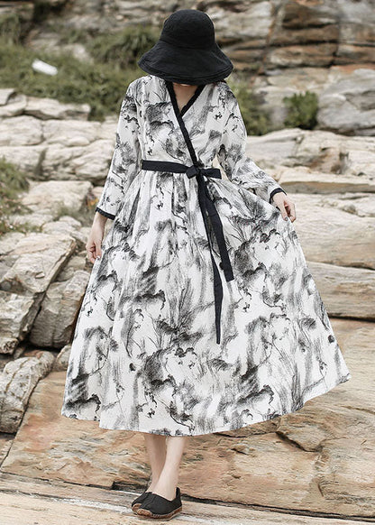 Diy White V Neck Ruffled Print Maxi Dress Long Sleeve
