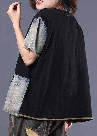 Diy Black Patchwork Cotton Shirts Ripped Short Summer Top