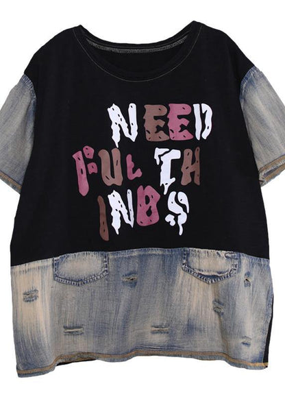 Diy Black Patchwork Cotton Shirts Ripped Short Summer Top