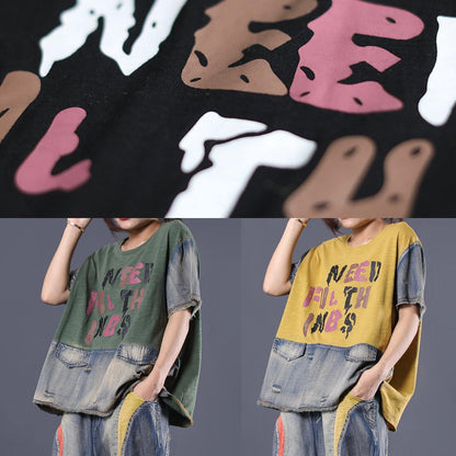 Diy Black Patchwork Cotton Shirts Ripped Short Summer Top