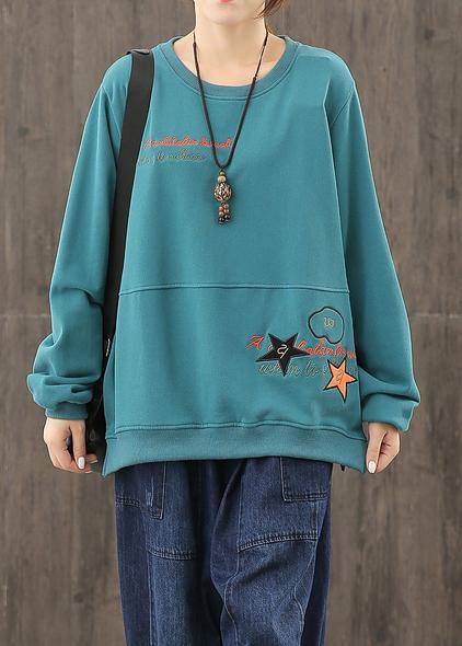 Diy Blue Cartoon Print Blouses for O Neck Baggy Top
