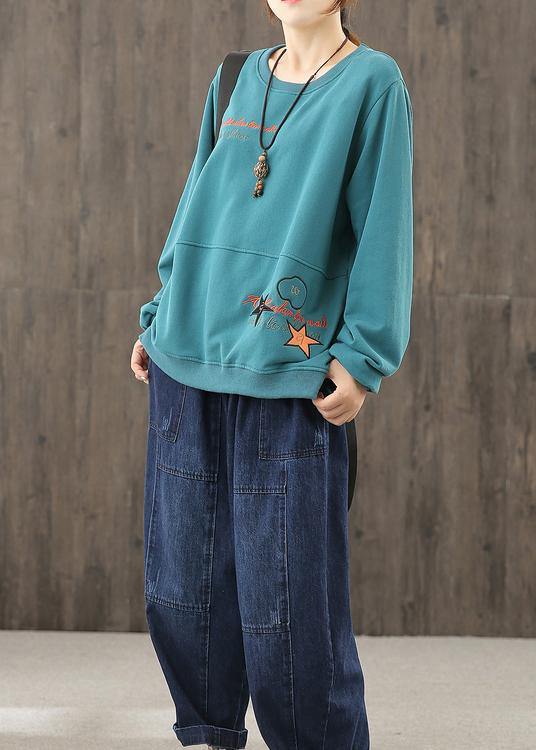 Diy Blue Cartoon Print Blouses for O Neck Baggy Top