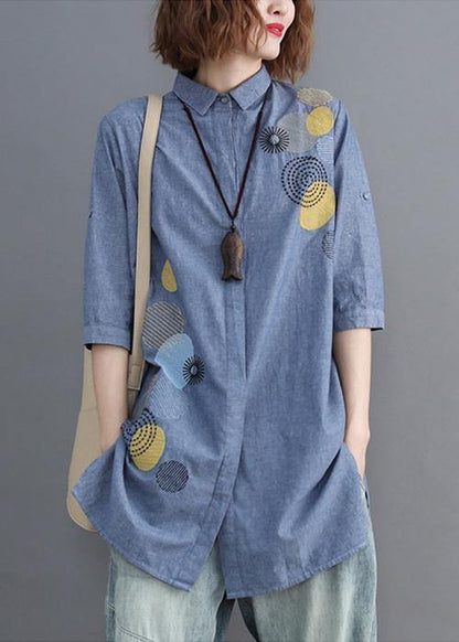 Diy Blue Embroidery Top Silhouette Lapel Midi Shirts