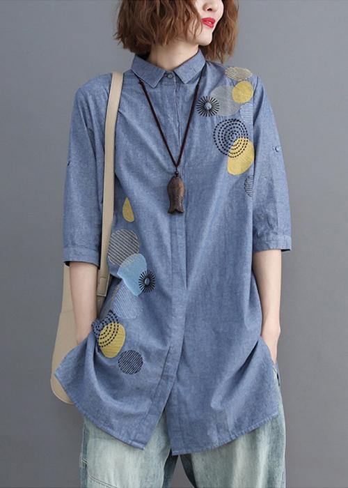 Diy Blue Embroidery Top Silhouette Lapel Midi Shirts
