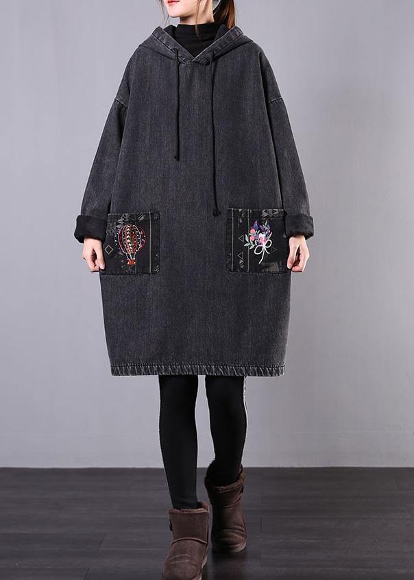 Diy Denim Black Embroidery Coats Hooded Patchwork Jackets
