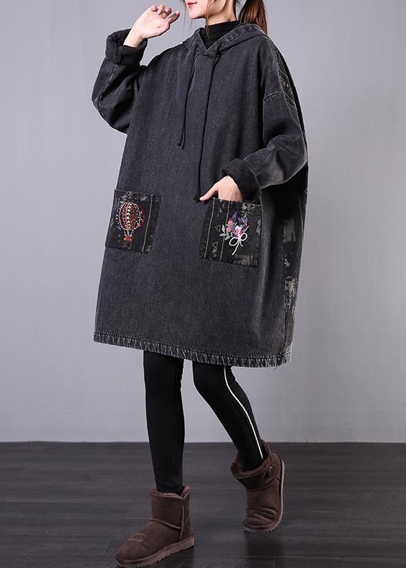 Diy Denim Black Embroidery Coats Hooded Patchwork Jackets