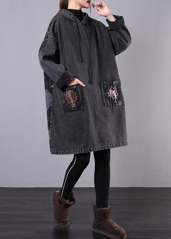 Diy Denim Black Embroidery Coats Hooded Patchwork Jackets