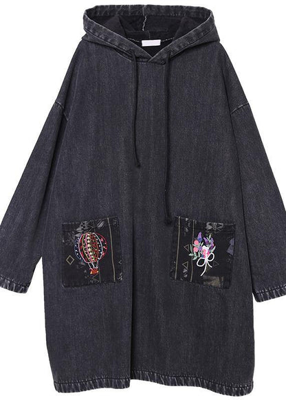 diy denim black embroidery Plus Size casual coats women hooded patchwork jackets