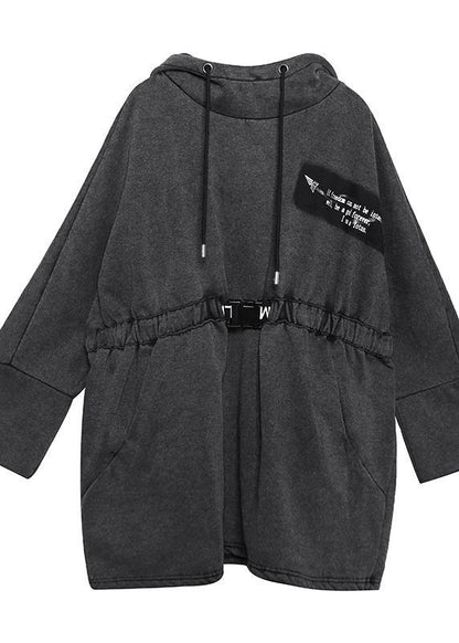 diy gray cotton tunic pattern hooded drawstring Plus Size Clothing tops