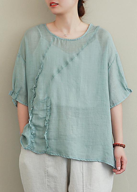 Diy Green Linen Tops O Neck Ruffles Oversized Blouses