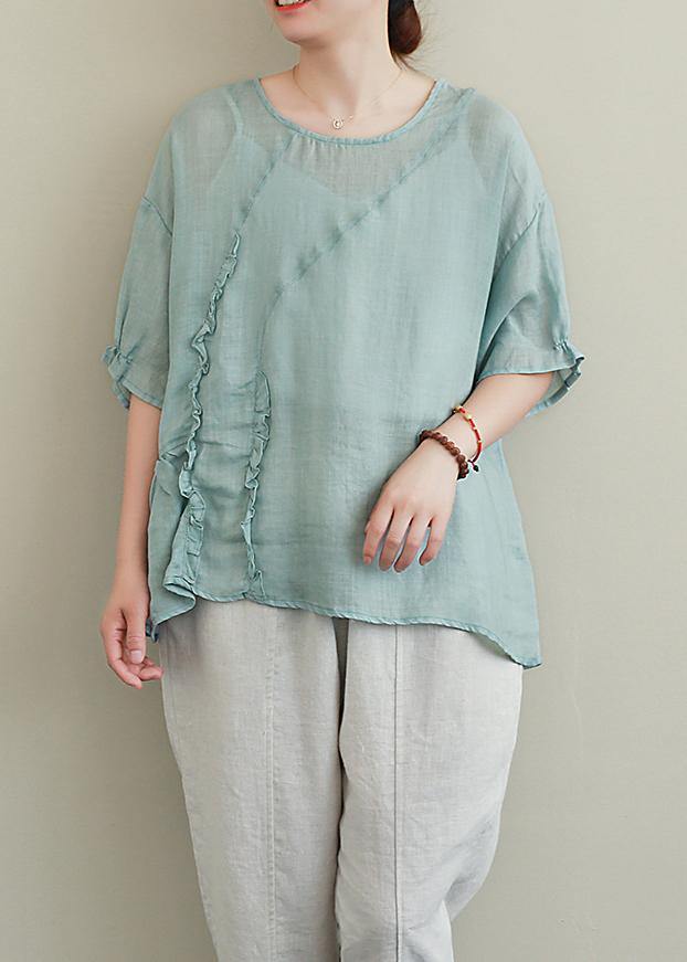 Diy Green Linen Tops O Neck Ruffles Oversized Blouses