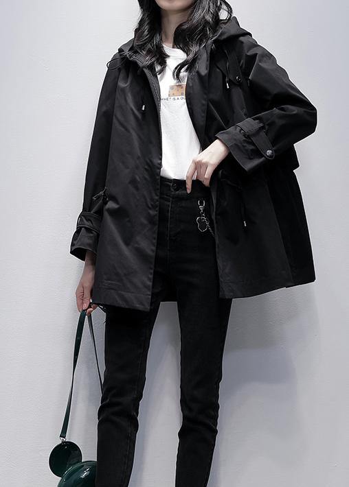 Diy Hooded Drawstring Fine Coat for Woman Black Baggy Outwear