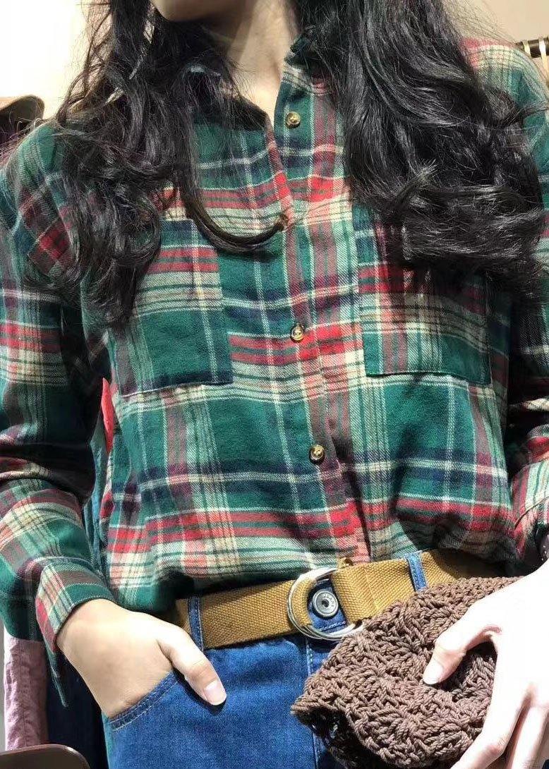 Diy Lapel Collar Cotton Clothes Pattern Green Plaid Shirt Autumn