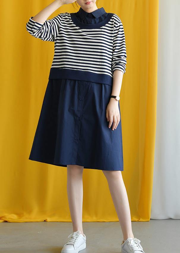 Diy Navy Striped Cotton Box Dress Lapel False Two Pieces Midi Fall Dress