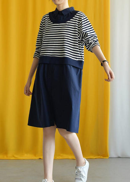Diy Navy Striped Cotton Box Dress Lapel False Two Pieces Midi Fall Dress