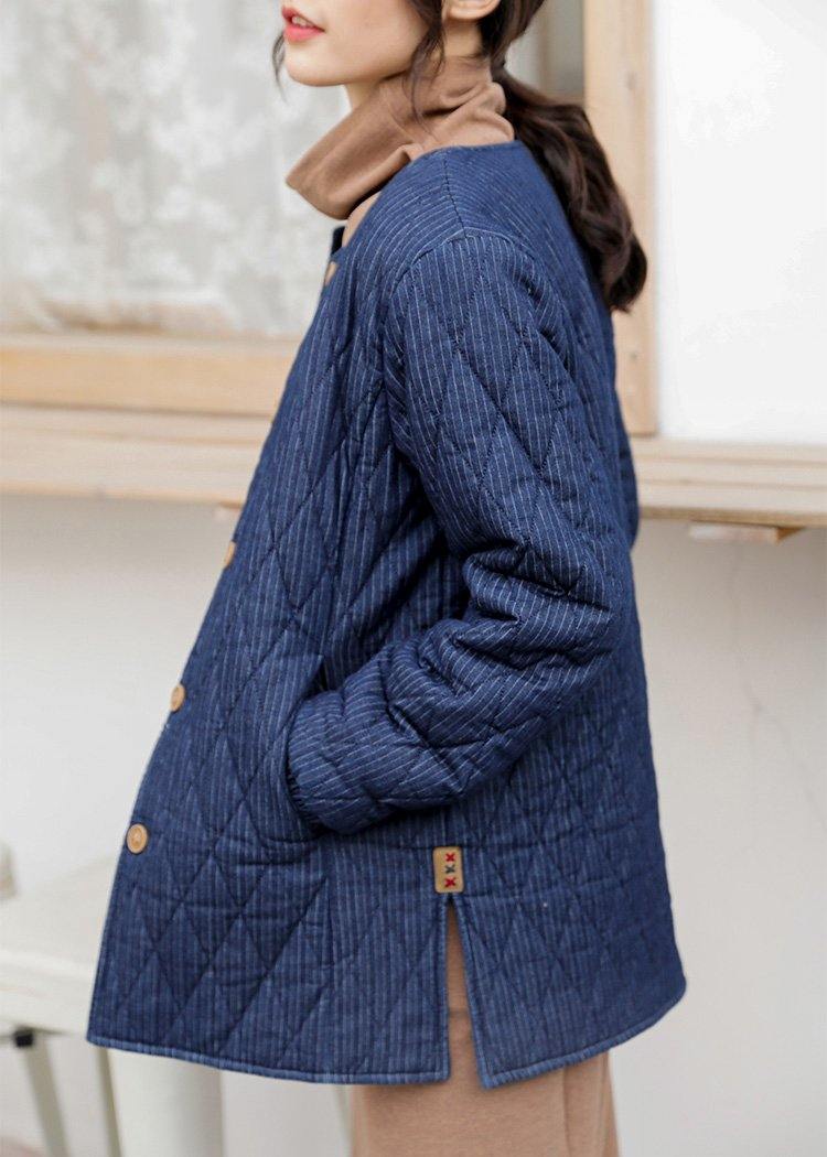 Diy O Neck Button Cotton Long Shirts Fabrics Dark Blue Blouse