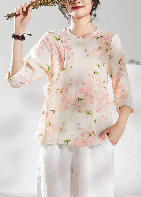 Diy O Neck Half Sleeve Linen Blouses for Shirts Pink Print Tops