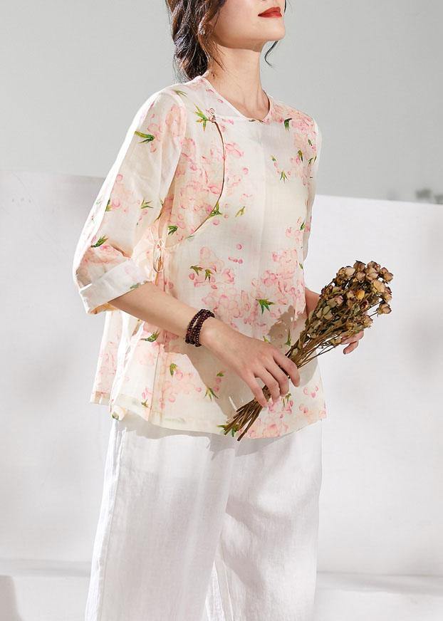 Diy O Neck Half Sleeve Linen Blouses for Shirts Pink Print Tops