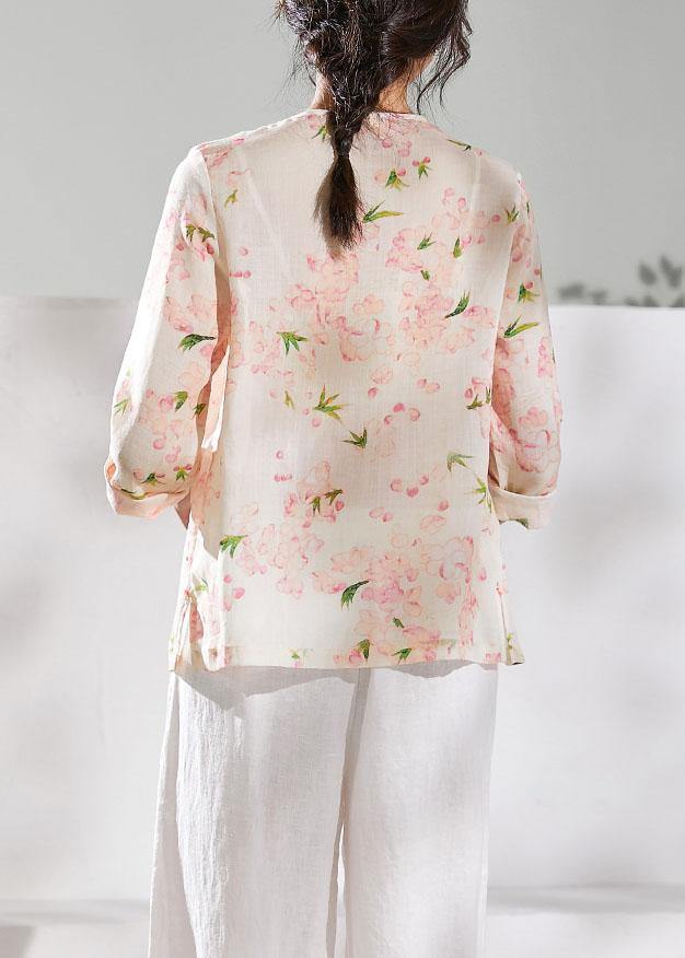 Diy O Neck Half Sleeve Linen Blouses for Shirts Pink Print Tops
