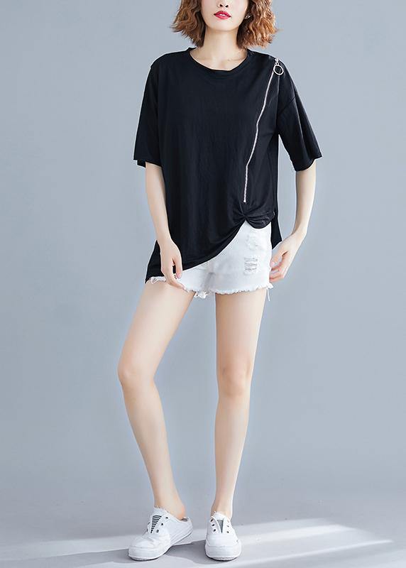 Diy O Neck Zippered Cotton Blouse Work Black Shirt Summer