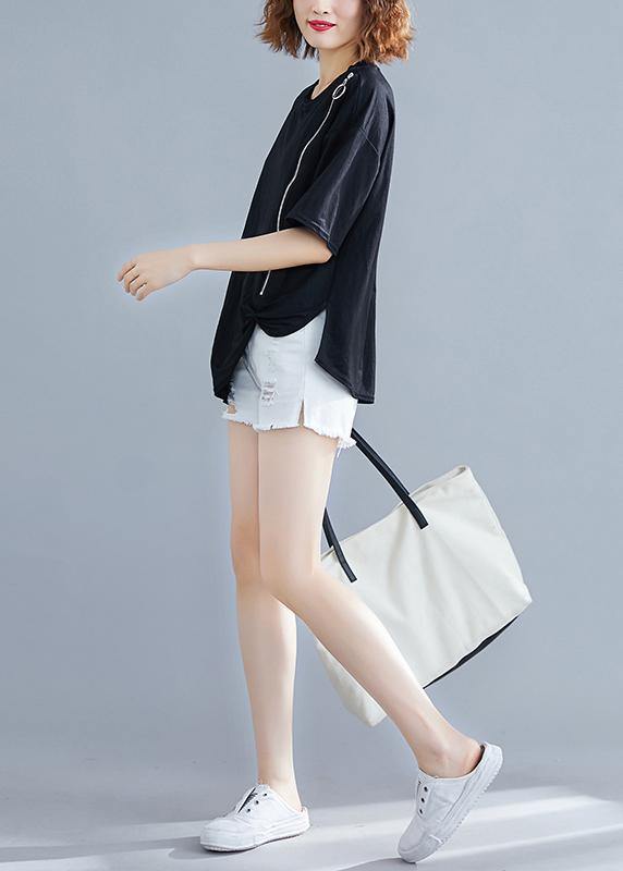 Diy O Neck Zippered Cotton Blouse Work Black Shirt Summer