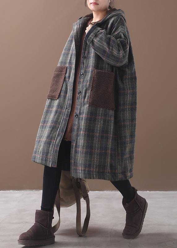 Diy Patchwork Pockets Fine Hooded Maxi Coat Green Plaid Tunic Jackets