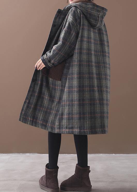 Diy Patchwork Pockets Fine Hooded Maxi Coat Green Plaid Tunic Jackets