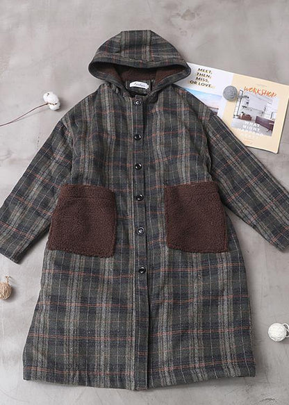 Diy Patchwork Pockets Fine Hooded Maxi Coat Green Plaid Tunic Jackets