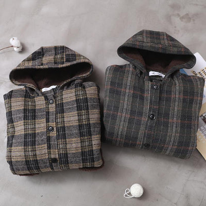 Diy Patchwork Pockets Fine Hooded Maxi Coat Green Plaid Tunic Jackets