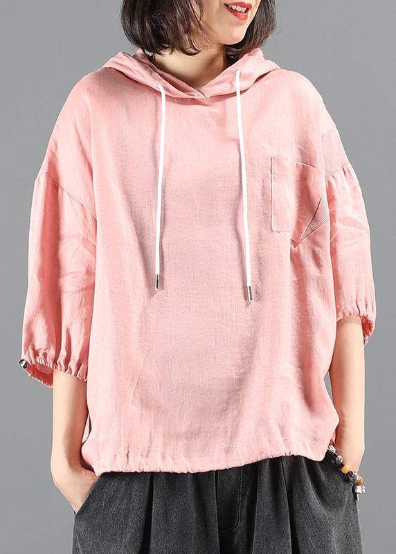Diy Pink Blouse Neckline Hooded Half Sleeve Shirts