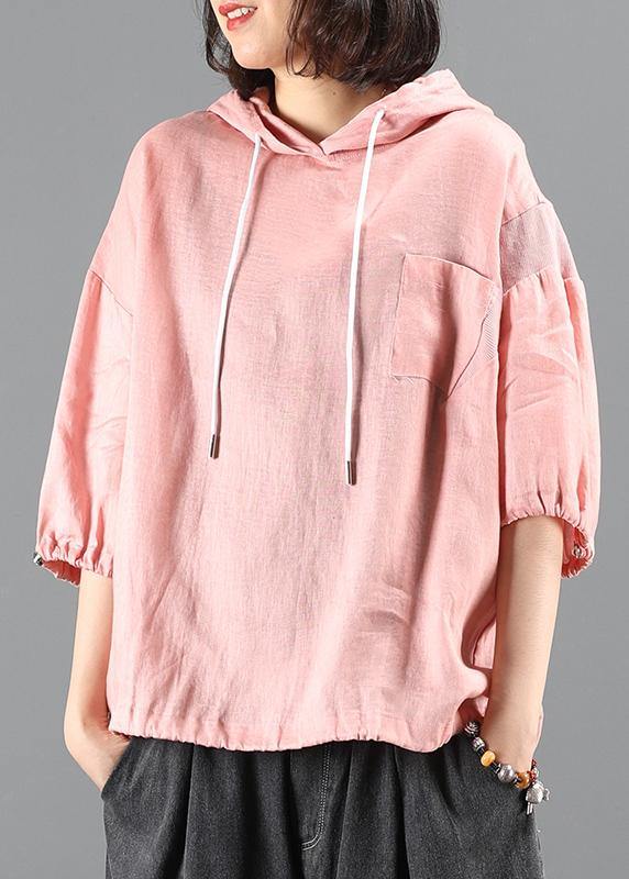 Diy Pink Blouse Neckline Hooded Half Sleeve Shirts