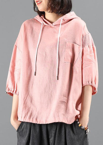 Diy Pink Blouse Neckline Hooded Half Sleeve Shirts