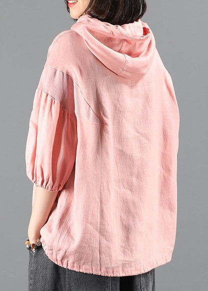 Diy Pink Blouse Neckline Hooded Half Sleeve Shirts