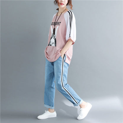 Diy Pink Print Cotton Clothes for Photography O Neck Cotton Tops