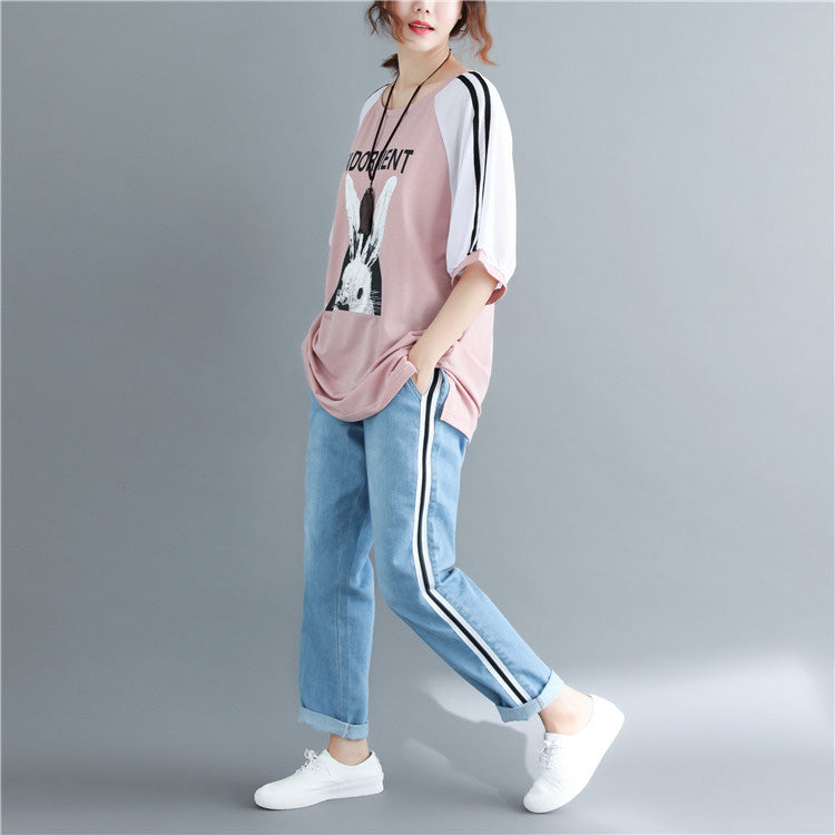 Diy Pink Print Cotton Clothes for Photography O Neck Cotton Tops