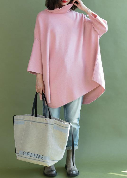 Diy Pink Shirts Asymmetric Hem Wool High Neck Blouse