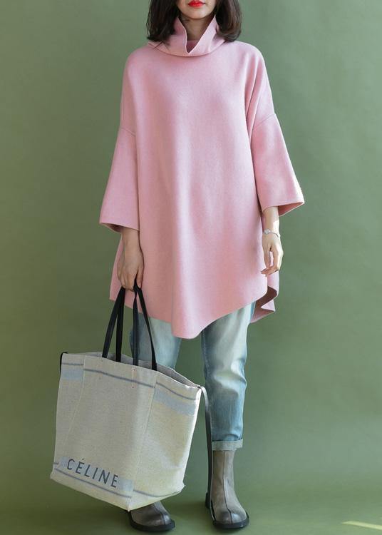 Diy Pink Shirts Asymmetric Hem Wool High Neck Blouse